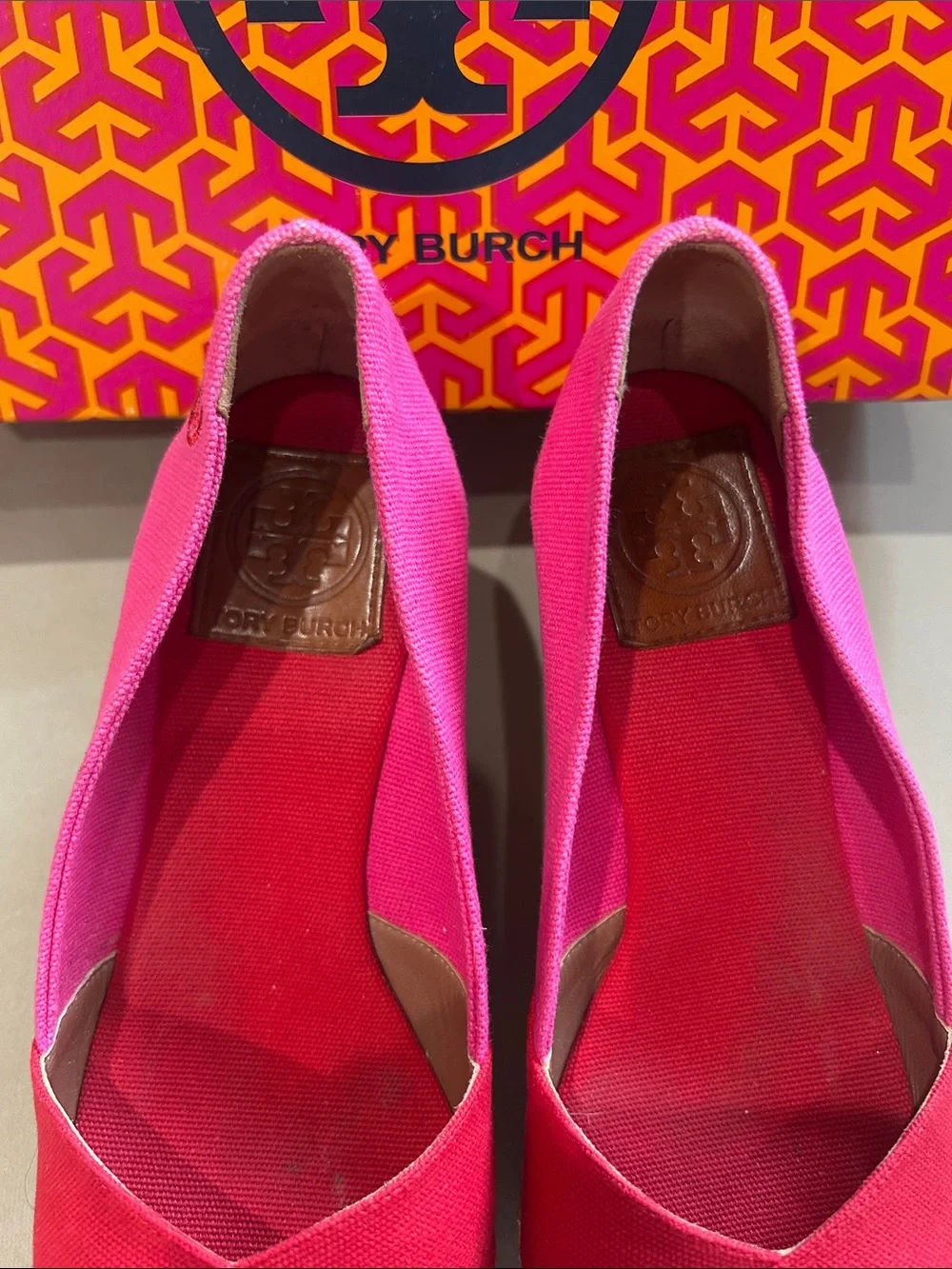 Tory Burch Two-Tone Pink and Red Canvas Wedge Espadrille